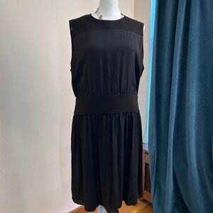 Theory Blouson Dress Women 12 Black Silk Mixed Media Sleeveless